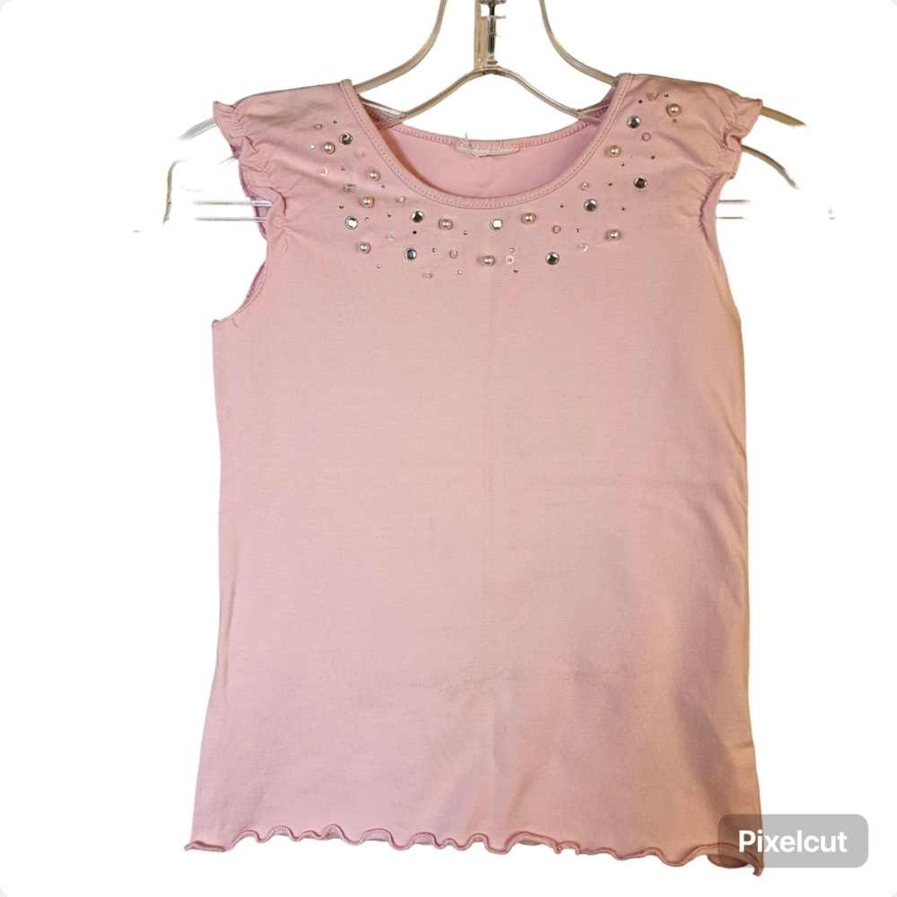👍Ballerina pink cotton knit sleeveless pearl bedazzled girls top size 4-6 US